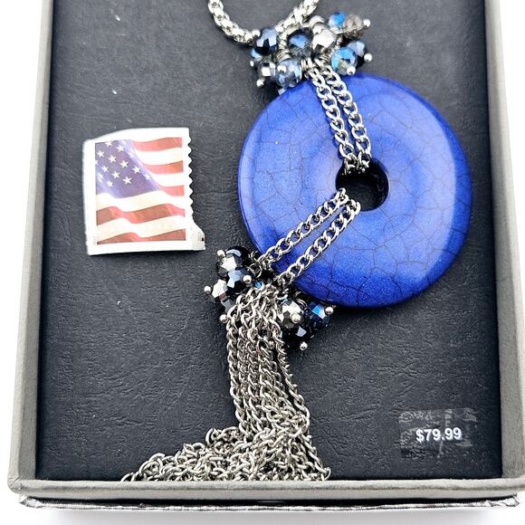 Round Pendant Necklace With Chain Tassel Fringe Blue Dark Fairy Grunge Statement - Picture 4 of 4